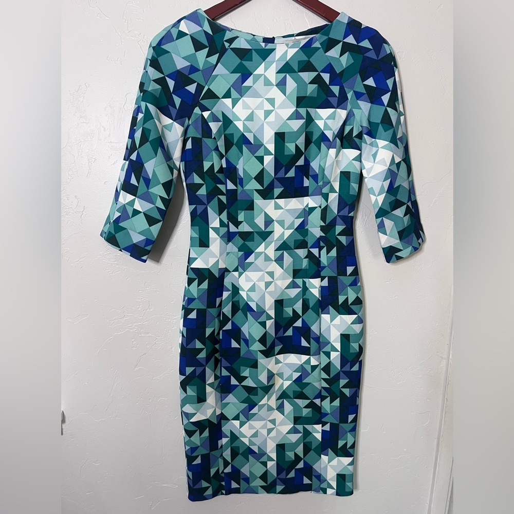 H&M 3/4 Sleeve Dress in Blue and Green Geometric Pattern‎ Size 4